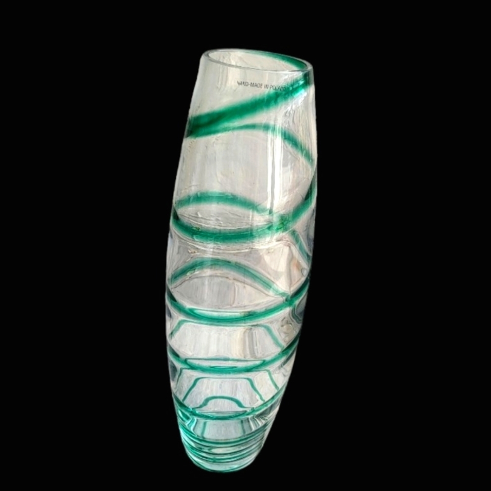 Vintage Hand Blown Clear Glass Vase with Green Spiral Swirl 16 In Tall Stunning